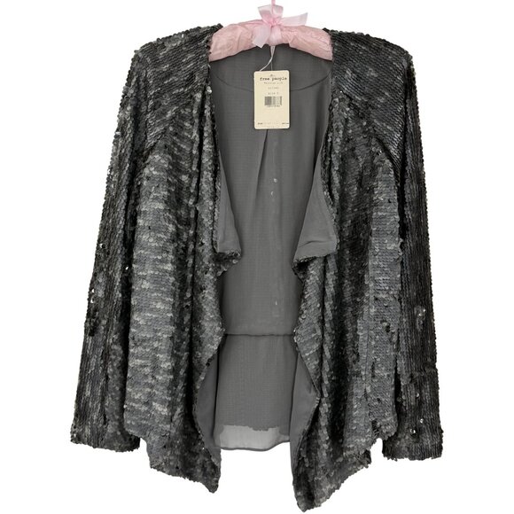 NWT Free People Draped Silver Gray Sequin Jacket | Mob Wife Glam Boho Streetwear - Picture 3 of 16